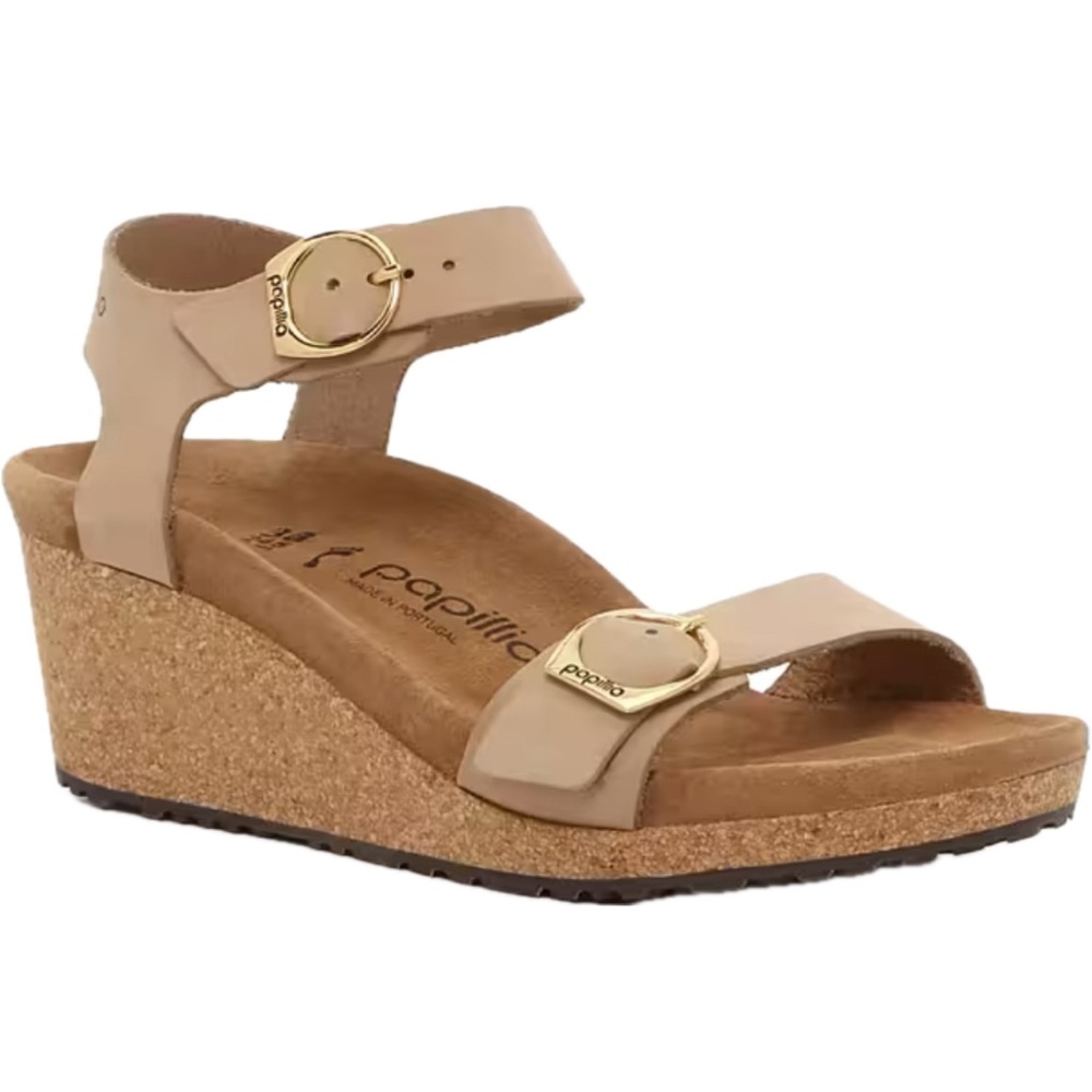 Birkenstock, Papillio NWOT Tan Wedge Sandals leather with Cork Heel, Size 41(10)